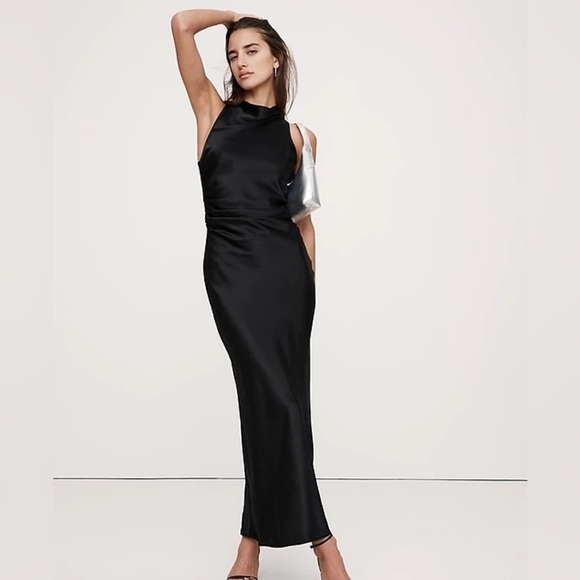 NWT! BANANA REPUBLIC BLACK SILK COWL-NECK BACKLESS MAXI DRESS - SIZE 4